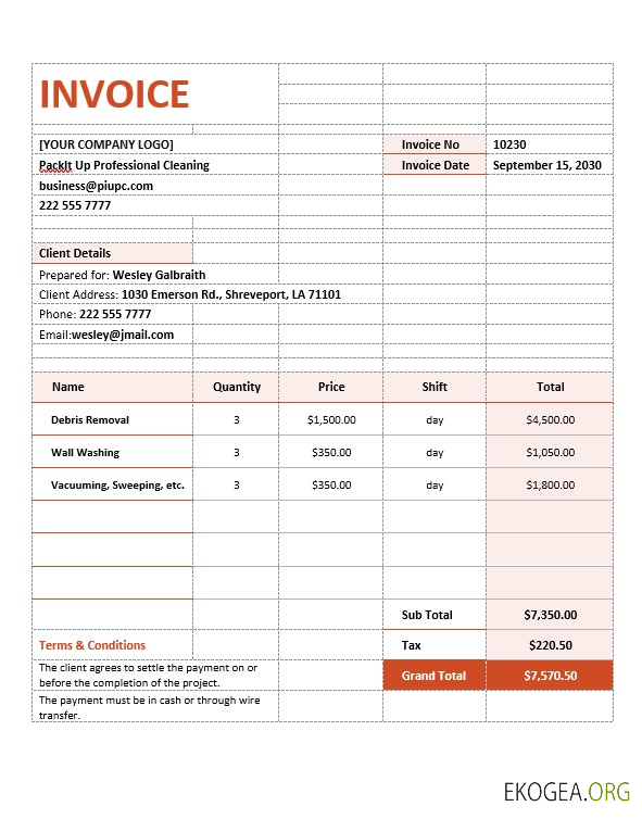 Modèle de facture d'accord de contrat de services de nettoyage